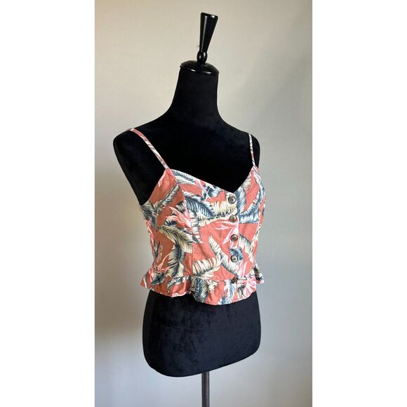 LOFT Women's Tropical Leaf Print Linen Blend Ruffle Button Front Cropped Top 6 - Picture 2 of 8